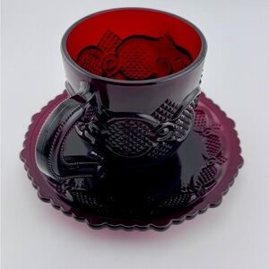 Vintage Avon Cape Cod Ruby Red Glass Cup & Saucer Set, Gothic Dark Academia